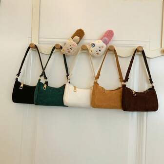 1pc Girls' Solid Color Plush Zipper Closure Cute Handbag, Suitable For Everyday Use In Autumn/Winter
