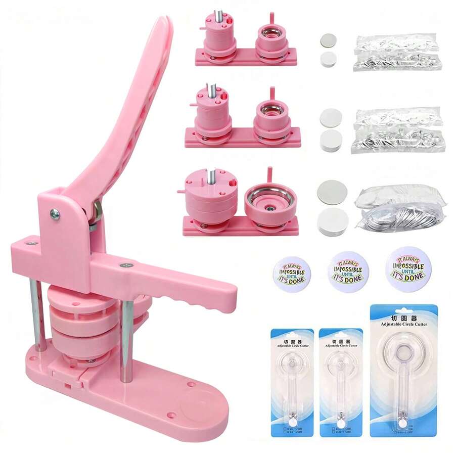 DIY Pin Button Maker Machine 25mm/32mm/58mm Badge Punch Press With 300pcs Button Parts (Pink) - Pink - View 1
