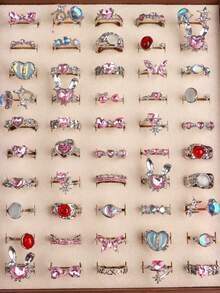 20Pcs/Set Fashion Elegant Pink Rhinestone Girl Rings Set Irregular Design Rabbit Bow Mixed Style Jewelry Daily Party Friends Gifts Accessories