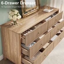 INNOD 53.1" Wide 6-Drawer Dresser, Fluted Modern Chest Of Drawers With Soft Round Corners, Wooden TV Stand For Bedroom, Living Room & Hallway Storage - Natural Oak - 查看 4