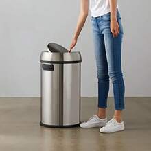 Basics Round Cylindrical Stainless Steel Rubbish Bin With Swing Lid 65 Litres Silver And Black