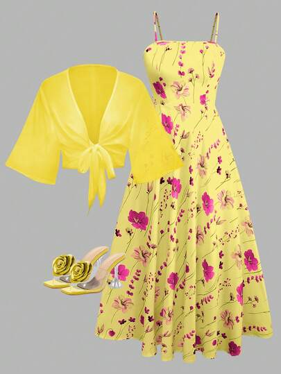 2pcs Women's Elegant Floral Chiffon Dress And Jacket Set, Romantic Outfit For Date And Vacation