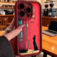 Cubierta de telefono para iPhone con borde negro diseño de gato con sombrero en fachada roja estilo urbano elegante para uso diario y trabajo - Burdeos - Ver 7