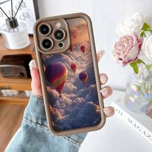 Cubierta de teléfono con borde negro diseño de globos aerostáticos en el cielo naranja y nubes para iPhone 14 Pro Max protección anticaídas estilo artístico ideal para viajeros y amantes de la naturaleza - Burdeos - Ver 5