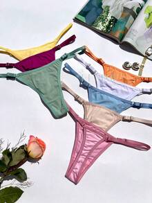 Set Of 5 Thong Panties With Adjustable Straps, Seamless, Polyester, 100% Cotton Gusset, Comfortable For Everyday Wear, Lingerie, Sensual - 彩色 - 查看 10