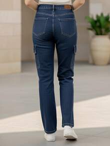 Pantalones vaqueros cargo de mezclilla de pierna recta para mujer, estilo casual, largos. - Azul - Ver 3