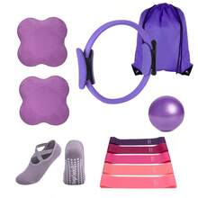 Set di 11 pezzi per Pilates - Attrezzatura fitness domestica per donne - Fascia di resistenza per fianchi, dispositivo di stiramento, palla da fitness/yoga mini, calze da yoga, ginocchiere, guanti e gomitiere, con tasca con laccio. Adatto per esercitare gambe, braccia, cosce, ecc. a casa - Multicolore - Visualizzare 10