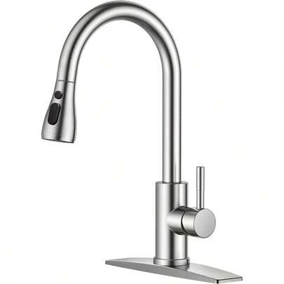 Kitchen Faucets With Pull Down Sprayer Brushed Nickel High Arc Single Handle Classic Stainless Steel Sink Faucet 1 Or 3 Hole Suitable For Farmhouse Camper Laundry Rv Bar