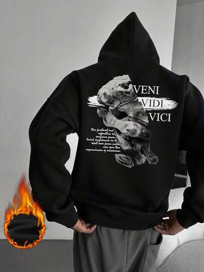 Men's Oversized Portrait Print Thermal Lined Hoodie Sweatshirt, Street Style For Autumn/Winter