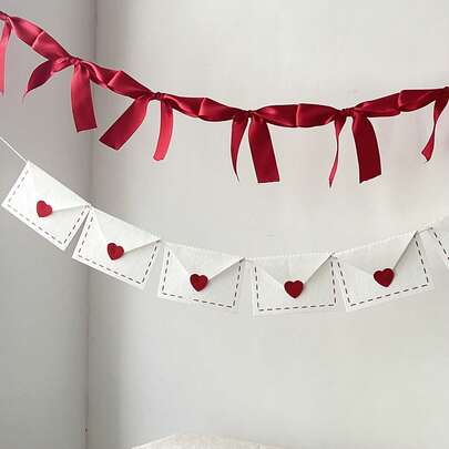 1pc Valentine's Day Heart Message Banner With Bow, Felt Envelope Wreath, Heart Pendant, Bridal Shower Wedding Decor Banner Background, Soft Matcha Silk Dyed Rustic Party Supplies