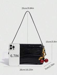 1pc Women Faux Leather Shoulder Bag, Black Crocodile Pattern Square Bag, Versatile Patent Leather Purse, Y2K Crossbody/Underarm Bag, Fashionable Sling Bag, With Cherry Pendant Charm - màu đen - Xem 4