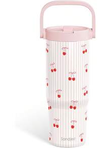 Pink Bow Stainless Steel Straw Lid Tumbler 30oz With Carry Handle For Women Girls, Insulated Travel Coffee Cup, Gift For Sports Outdoor Workout Christmas Birthday - 櫻桃1號 - 查看 8
