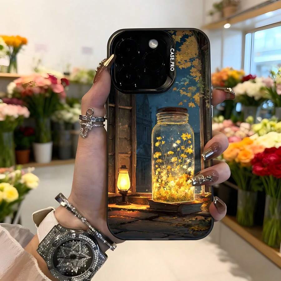 Funda para telefono de silicona negra con estampado de tarro de cristal con flores luminosas y farol vintage ideal para amantes de la decoracion romantica y floral Aplicable a los teléfonos de la serie Apple y Galaxy - Blanco - Ver 1