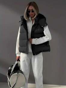 Women's Sleeveless Zipper Vest Bread Shirt, Cotton Jacket, Thickened, Suitable For Casual And Elegant Wear In Autumn/Winter, Seasonal Fashion, Elegant Design, Solid Color Zipper Pocket With Drawstring, Office - Black - View 1