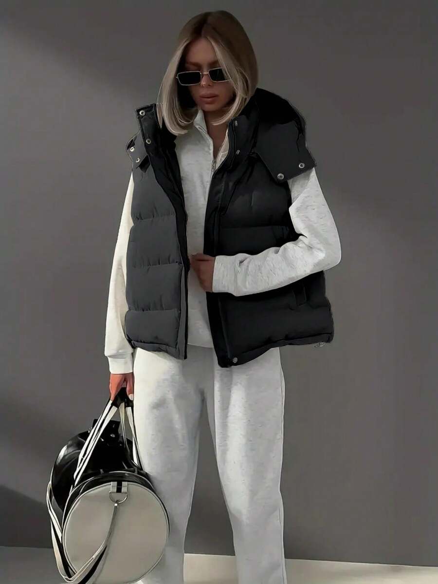 Women's Sleeveless Zipper Vest Bread Shirt, Cotton Jacket, Thickened, Suitable For Casual And Elegant Wear In Autumn/Winter, Seasonal Fashion, Elegant Design, Solid Color Zipper Pocket With Drawstring, Office - Black - View 1