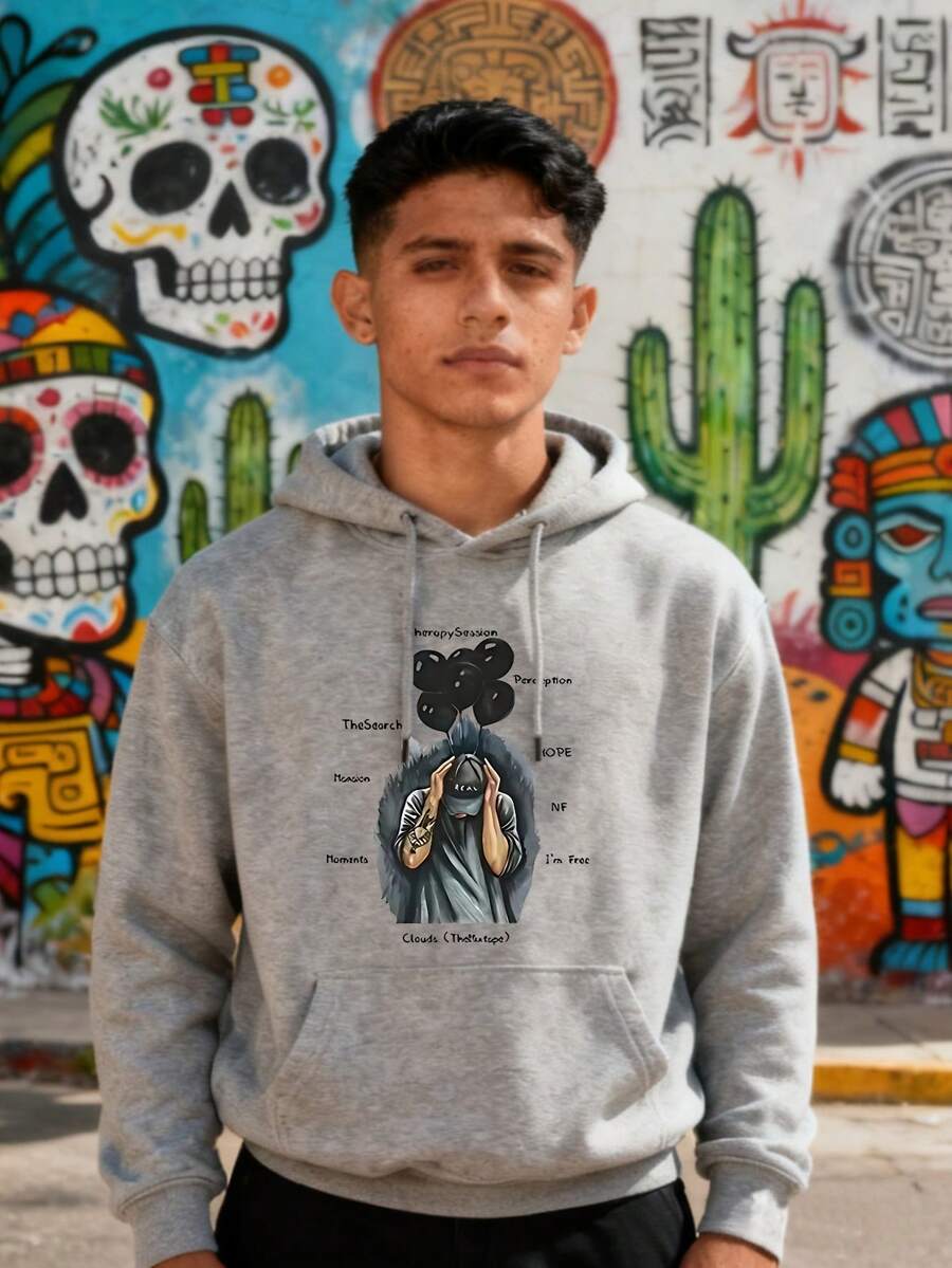 Hoodie Black Bear and Man Graphic Print with Text Urban Streetwear Casual Wear for Men and Women - Gris - Ver 1