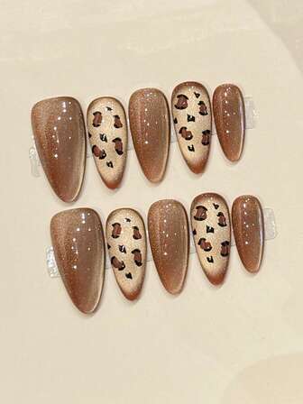 10 piezas Pegatinas de uñas con estampado de leopardo estilo Shibuya Gyaru Y2K - Dulce y fresco estampado de leopardo marrón, arte de uñas de otoño e invierno, arte de uñas retro y lindo, uñas postizas de acrílico, uñas de almendra, kit de uñas acrílicas, exquisito arte de uñas con estampado de leopardo ámbar Gyaru
