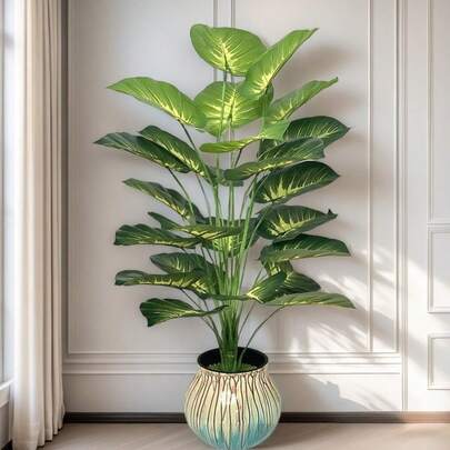 1pc Large Realistic Money Plant Leaves (No Pot) - 24 Big Leaves (85cm/33.5in), Green Wide Leaf Tropical Rainforest Decor Tree, Wide Leaf Plant Decor, Suitable For All Seasons, Indoor/Outdoor Artificial Potted Plant, Suitable For Wedding, Hotel, Garden, Yard, Photography, Nordic Green Plant Potted Fake Tree, Autumn/Winter Christmas Decor Green Plant