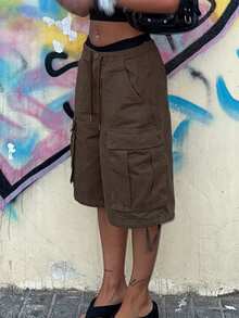Womens Denim Cargo Shorts Summer Fashionable Drawstring Loose Knee Length Jean Shorts With Pocket - Coffee Brown - View 6