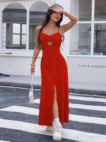 REF:AS1826 - Long Dress With Thin Straps And Front Slit: Elegance And Sensuality In The Same Look - Red - View 5
