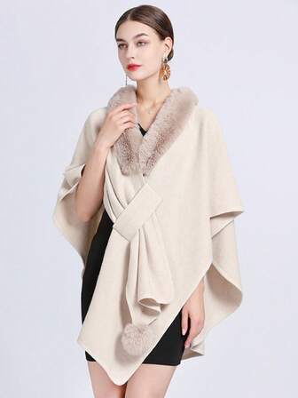 1件装 女士加大码仿兔毛领斗篷披肩宽松针织开衫外套