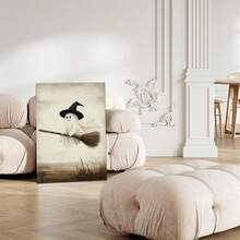 2D Flat Printing, 1pc, A Cute Cartoon Ghost Wearing A Witch Hat Flying Happily On A Broomstick Against A Misty Sky With A Distant Horizon Line Creating A Whimsical And Friendly Mystical Scene, Canvas Wall Art For Living Room, Bathroom Wall Art Bedroom Framed Wall Art Poster Art Prints Ready To Hang Pictures Home Decorations Wall Decor For Office