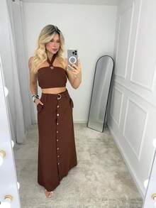 Simple Casual Button Pocket Bare Back / Backless Vacation - Óxido marrón - Ver 3