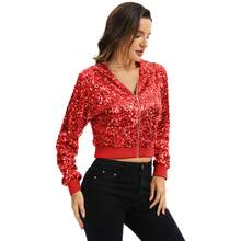 Women's Sequin Zip-Up Hooded Jacket With Ribbed Hem And Long Sleeves For Party Wear - Red - View 3