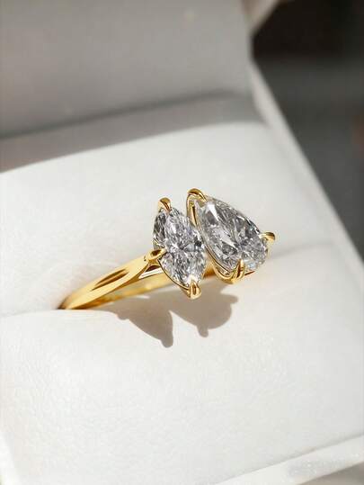 1pc Marquise Teardrop Double Diamond Zirconia Ring, 925 Sterling Silver, Elegant And Exquisite Women's Ring, Exquisite Women's Jewelry Gift For Proms And Dates