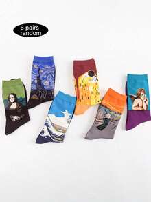 6 Paar Herren Knöchelsocken, verrückte Ölgemälde Serie, bequeme weiche Freizeitsocken