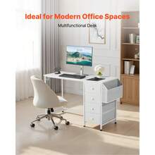 Computer Desk With Fabric Drawers, 47 Inch Reversible Study Work Writing Desk For Modern Home Office Bedroom, Simple Cute PC Table Metal Frame Business Furniture, White - 47-inch with Drawers (4 drawers) - 查看 2