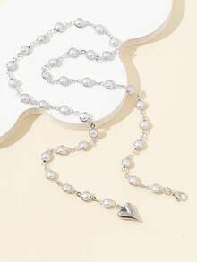 1pc Heart Pendant Silver Faux Pearl Y-Necklace, Decor Accessory For Gala, Party, Christmas, Valentine's Day Gift - Silver Imitation Pearl - View 3