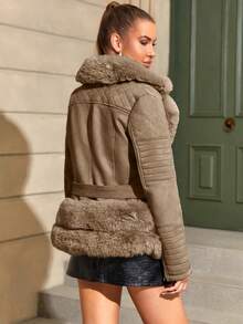 Áo khoác ngắn nữ Risissida thanh lịch với cổ lông giả, eo điều chỉnh được và kèm thắt lưng - Hoàn hảo cho mùa thu và mùa đông. - màu nâu - Xem 8