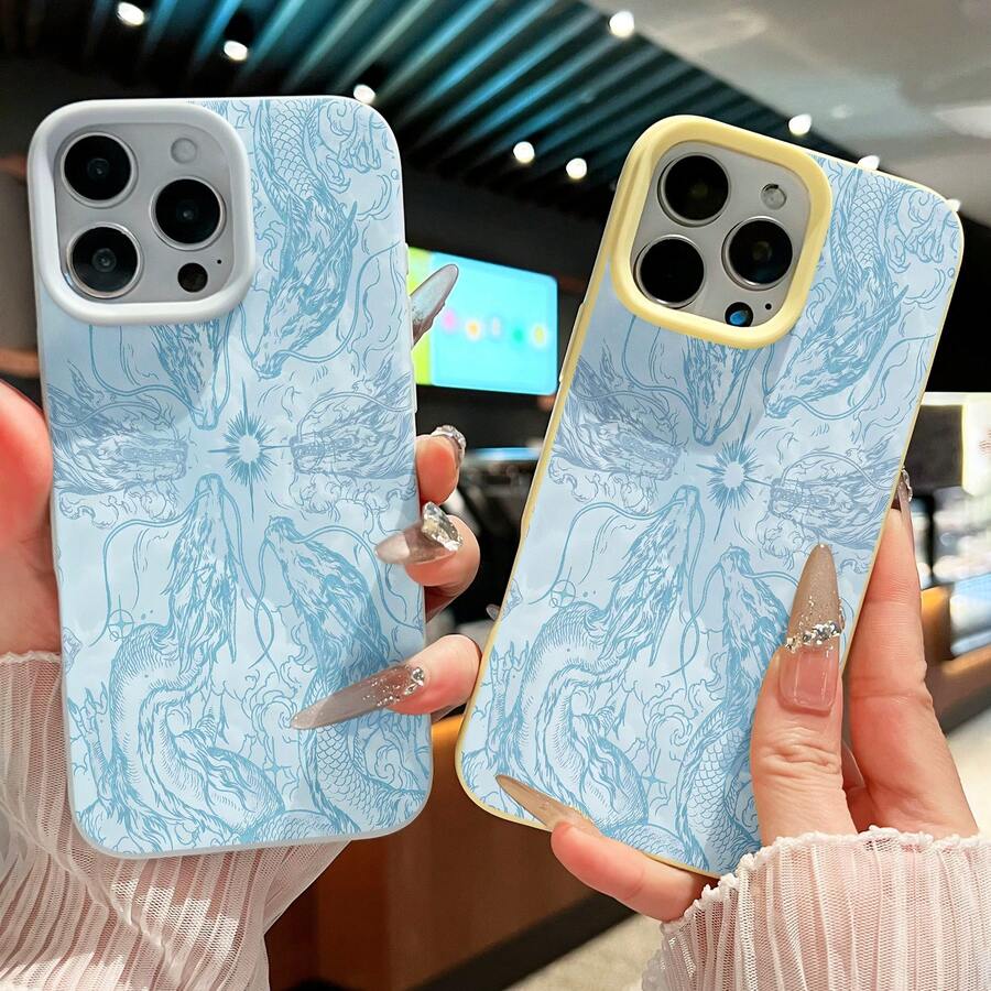 Impresionante funda con diseño de dragón para iPhone (modelos 11 a 17), fabricada en TPU con protección anticaídas. - Azul - Ver 1