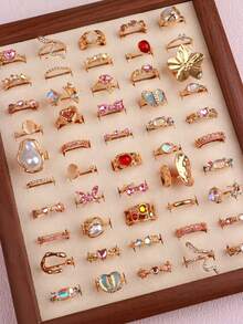 20Pcs/Set Fashion Elegant Pink Rhinestone Girl Rings Set Irregular Design Rabbit Bow Mixed Style Jewelry Daily Party Friends Gifts Accessories