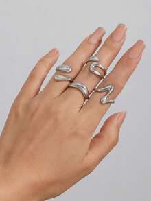 4pcs Set Asymmetrical Wide Shiny Silver Rings, Suitable For Women's Daily Wear - 銀色 - 查看 2