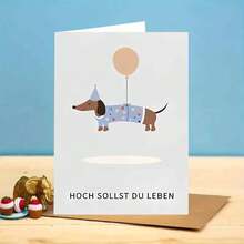 Thiệp mừng sinh nhật người lớn bằng tiếng Đức - Chú chó Dachshund đội mũ dự tiệc và bóng bay với lời chúc "Muôn năm bạn" (kèm phong bì) - Nhiều màu - Xem 5