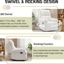 Recliner Chair, Swivel Rocker Recliner Chair For Adults, Small Recliners For Small Spaces, Upholstered Manual Recliner With Side Pockets,  Rocking Chair For Living Room, Chenille, Beige - 米色 - 查看 5