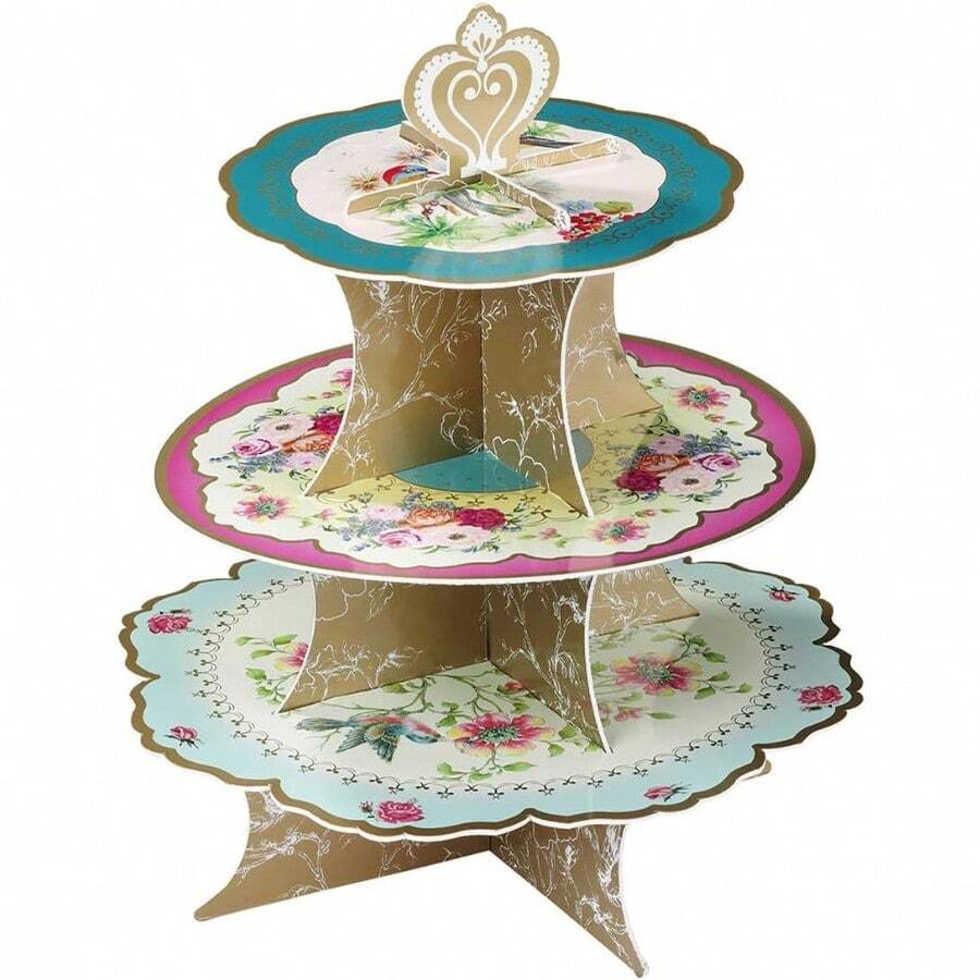 Afternoon Tea Cake Stand Floral Party Decorations Truly Scrumptious Card 3Tier Anniversary Birthday Baby Shower Wedding Pink Blue Yellow Height 36cm 14" TRULYCAKESTAND - TRULYCAKESTAND - View 1