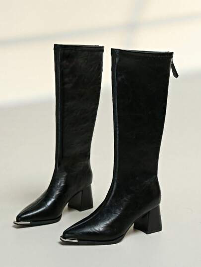 Botas altas de mujer de tacón grueso y punta afilada, botas altas de cuero de ajuste ceñido