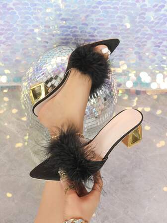 Women's Elegant Black Fluffy Fur Decor Pointed Toe Mule High Heel Sandals, Charming Glamorous Shiny For Banquet, Wedding, Formal Party, Outdoor Events, Daily Wear