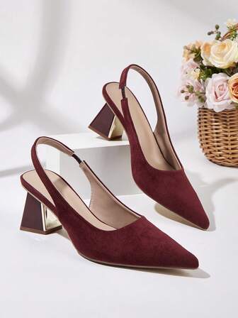 女士仿麂皮小猫跟鞋，优雅尖头金属高跟鞋，时尚踝带高跟鞋