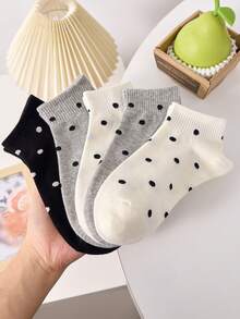 5 Pairs Women's Polka Dot Crew Socks, Black, White, Gray, Comfortable & Versatile, Random Color Assortment - Multicolor - View 2