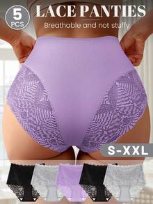 5-Pack Of Lace Panties For Women, High-Waisted, Tummy-Controlling, Patchwork, Hollowed-Out, Sexy, Close-Fitting, Floral Print. - 彩色 - 查看 1