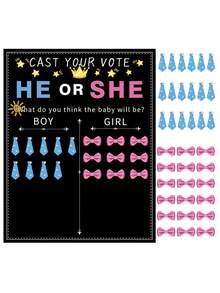 55pcs/Set Gender Reveal Party Game Poster,"He Or She, Cast Your Vote" Prediction Board With Blue Tie & Pink Bow Stickers,Fun Interactive Game For Baby Shower & Pregnancy Announcements. - Multicolor - View 8
