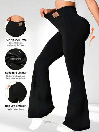 1 pezzo Leggings attillati in vita alta per donna, pantaloni a zampa semplici con controllo addominale, pantaloni yoga a gamba ampia di colore unito, pantaloni sportivi casual allentati elasticizzati con vita e etichetta logo, che sollevano il fondoschiena e snelliscono la vita