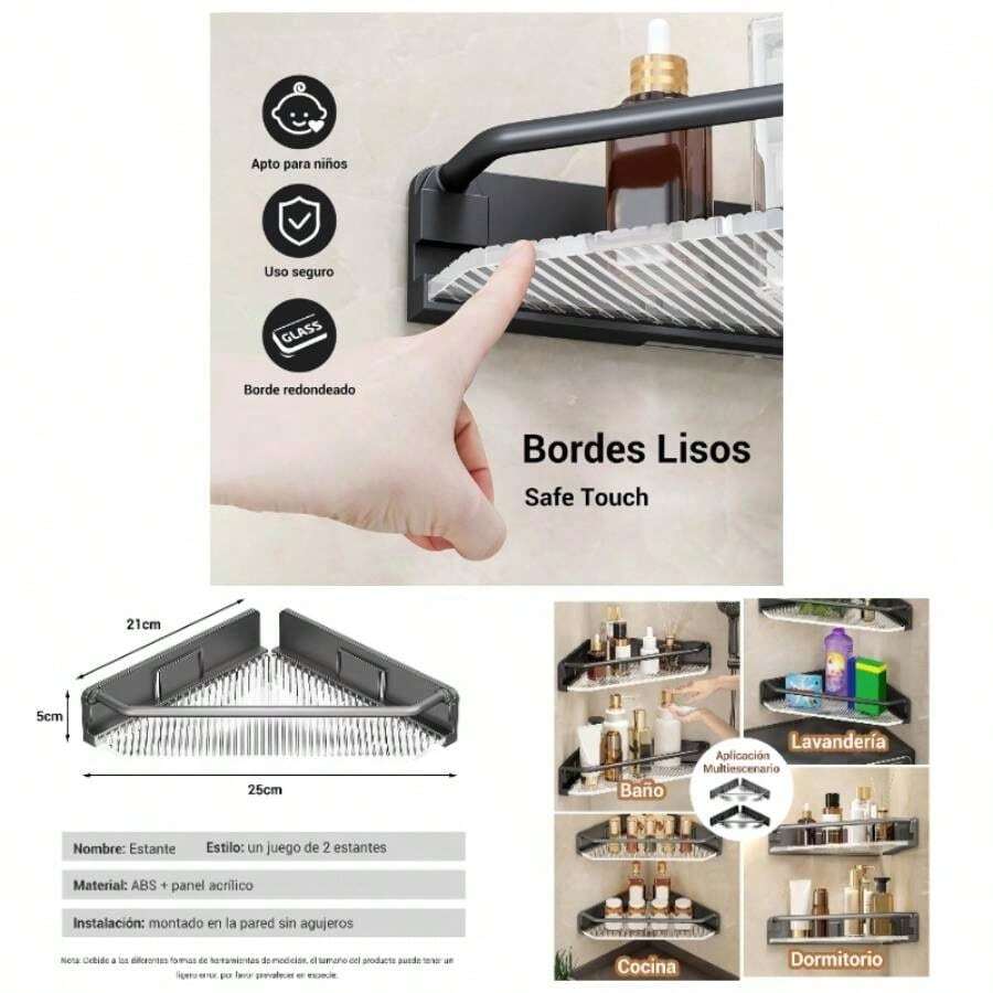 2 PCS Estante de Almacenamiento de Esquina Juego de Organizador de Ducha de Gran Capacidad Sin Taladro, Esquinero para Bao, Cocina y JabonerasGris - gris - Ver 1