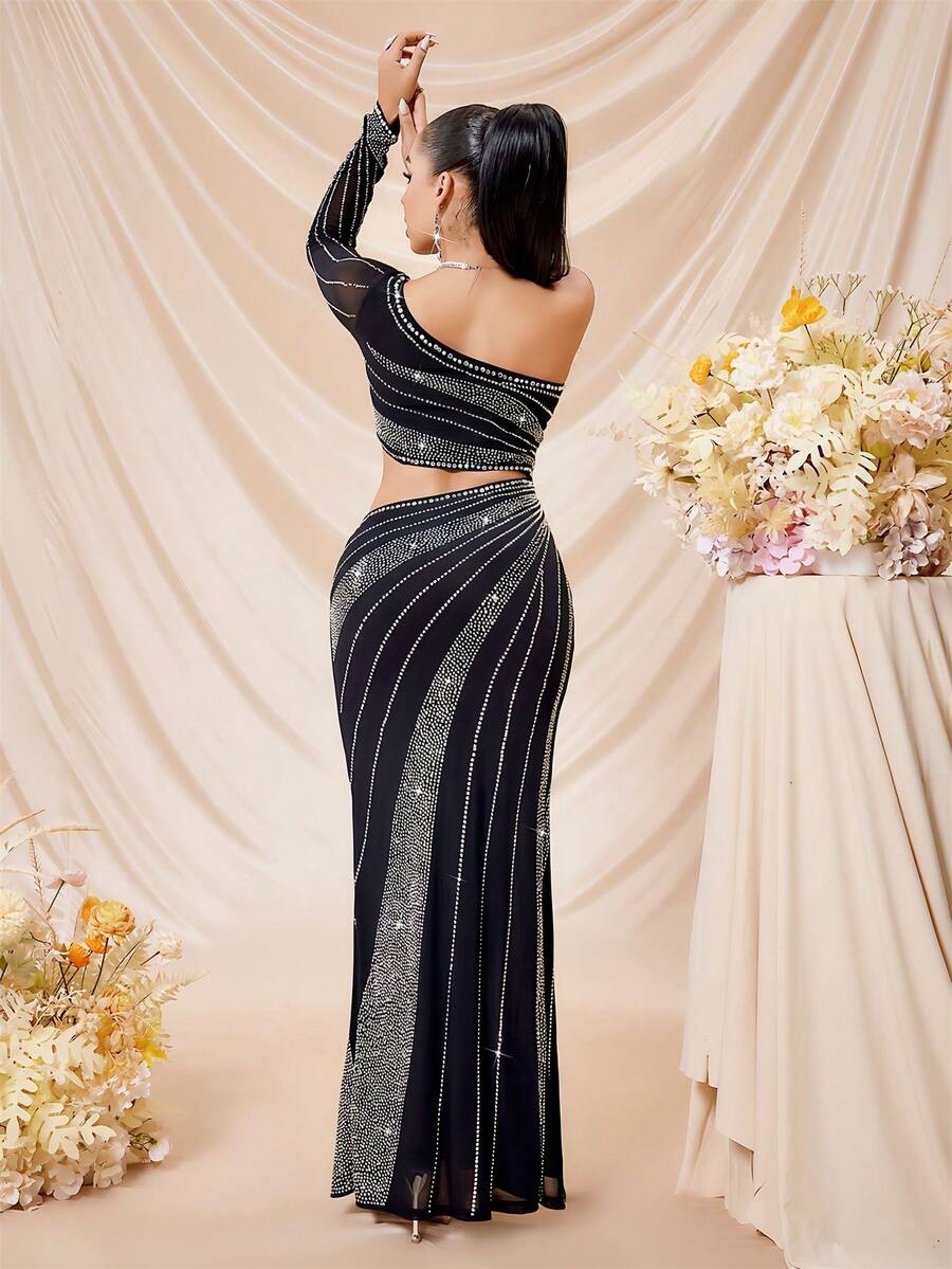Women's Party Style Black Spaghetti Strap, One Shoulder Contrast Mesh Sequin Ultra Long Fitted Dress Set, Suitable For New Year Formal Occasions - Black - View 1
