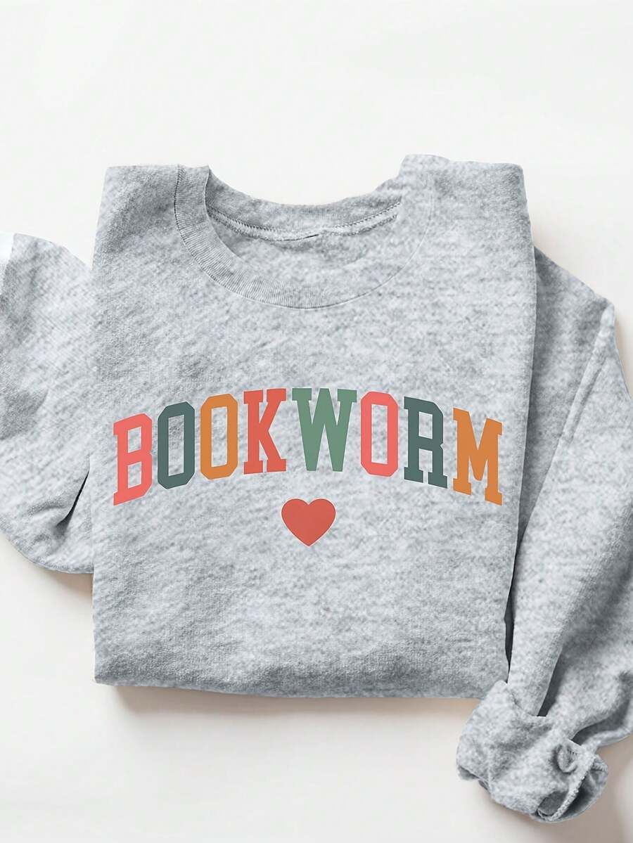 Casual Stylish Minimalist Women'S Long-Sleeve Round-Neck Sweatshirt With Letter Print,Graphic Crew Neck Sweatshirt, Long-Sleeve Pullover Comfy Loose Top (Perfect For Game Day And Valentine's Day) - 灰色 - 查看 1
