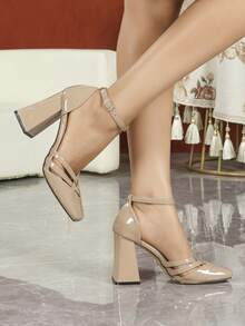 Women's Casual Flat Hollow-Out Fashion Pumps,Chunky Heels - Apricot - View 3